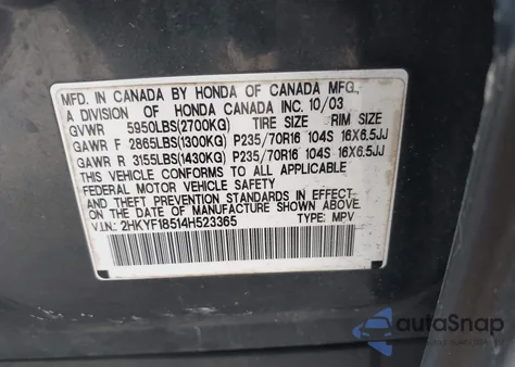 2004 Honda Pilot Ex-L z USA, uszkodzony, nr VIN 2HKYF18514H523365